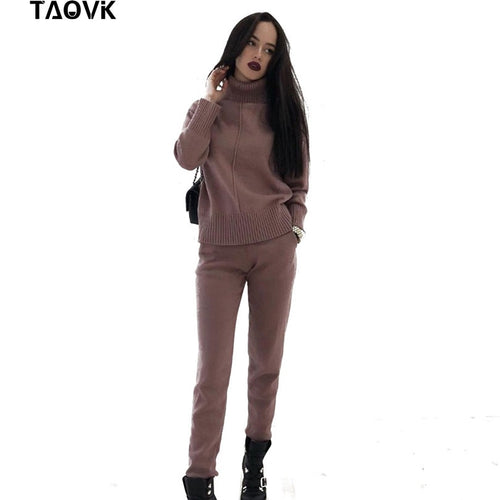 TAOVK Women's knitted Suits Spring sweater set Mid Line Turtleneck Pullover Sweater Pants two pieces Sets warm Jogging Costumes